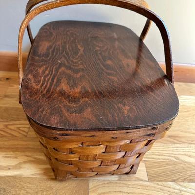 Another Vintage Woven Wood Picnic Basket with Solid Wood Lid