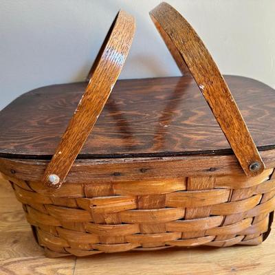Another Vintage Woven Wood Picnic Basket with Solid Wood Lid