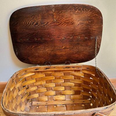 Another Vintage Woven Wood Picnic Basket with Solid Wood Lid