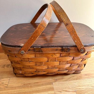 Another Vintage Woven Wood Picnic Basket with Solid Wood Lid