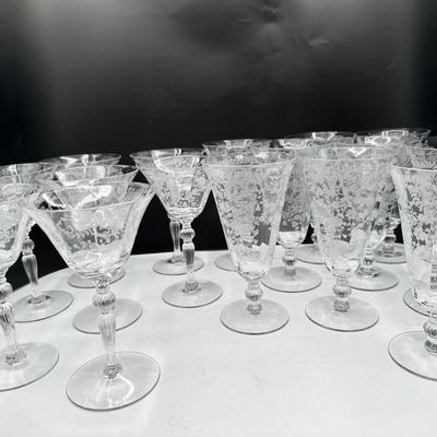 1940’s Vintage Crystal Stemware, Etched Floral