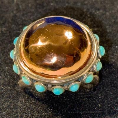 VINTAGE LARGE PREOWNED "BARSE" DESIGNER STERLING SILVER DOME TURQUOISE RING SIZE FULL 9.75 IN GOOD CONDITION AS PIC'D.