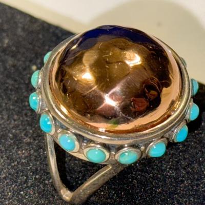 VINTAGE LARGE PREOWNED "BARSE" DESIGNER STERLING SILVER DOME TURQUOISE RING SIZE FULL 9.75 IN GOOD CONDITION AS PIC'D.