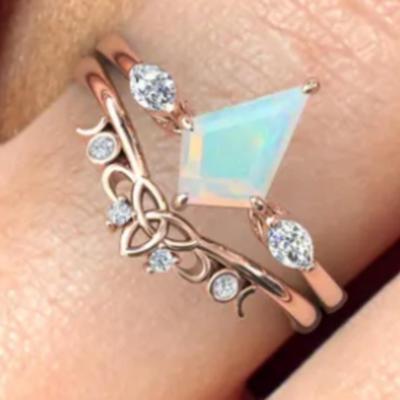 Kite Cut Natural Opal & Moissanite Bridal Set