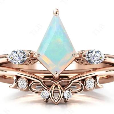 Kite Cut Natural Opal & Moissanite Bridal Set