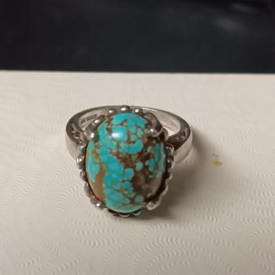 TURQUOISE AND STERLING RING MARKED "KABANA" SIZE 6 1/2