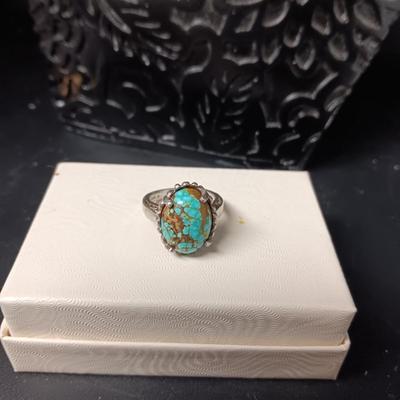 TURQUOISE AND STERLING RING MARKED "KABANA" SIZE 6 1/2