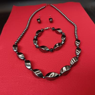 GENUINE HEMATITE NECKLACE, BRACELET AND EARRINGS