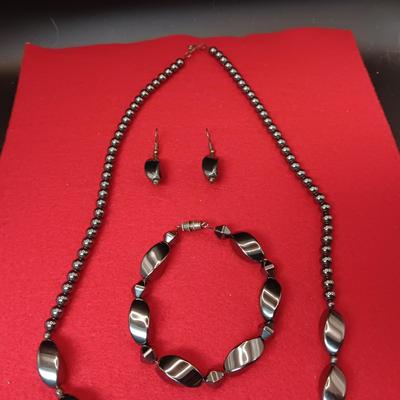 GENUINE HEMATITE NECKLACE, BRACELET AND EARRINGS