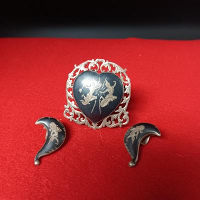 STERLING SILVER SIAM BROOCH AND CLIP ON EARRINGS 17.53g