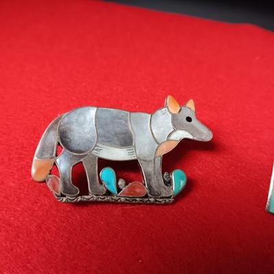 ZUNI WOLF BROOCH OR PENDANT BY PORFILIO SHEYKA AND TURQUOISE AND STERLING EARRINGS