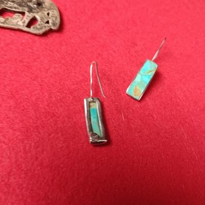 ZUNI WOLF BROOCH OR PENDANT BY PORFILIO SHEYKA AND TURQUOISE AND STERLING EARRINGS
