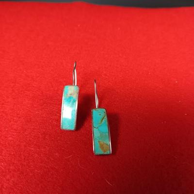 ZUNI WOLF BROOCH OR PENDANT BY PORFILIO SHEYKA AND TURQUOISE AND STERLING EARRINGS