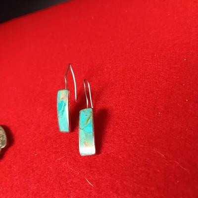 ZUNI WOLF BROOCH OR PENDANT BY PORFILIO SHEYKA AND TURQUOISE AND STERLING EARRINGS