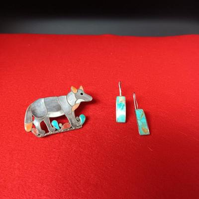 ZUNI WOLF BROOCH OR PENDANT BY PORFILIO SHEYKA AND TURQUOISE AND STERLING EARRINGS