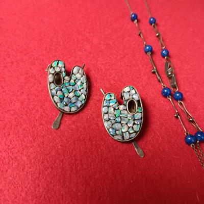 VINTAGE BLUE BEADED NECKLACE AND STERLING CLIP ON EARRINGS