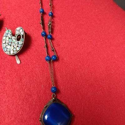 VINTAGE BLUE BEADED NECKLACE AND STERLING CLIP ON EARRINGS