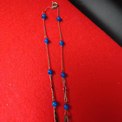 VINTAGE BLUE BEADED NECKLACE AND STERLING CLIP ON EARRINGS