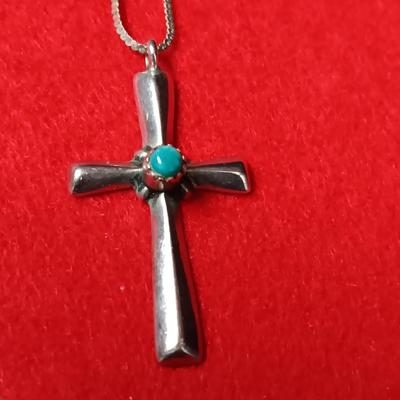 STERLING SILVER CROSS W/ TURQUOISE STONE ON A STERLING CHAIN PLUS A .925 RING WITH DANGLING CROSS MARKED "ISRAEL" SIZE SIX 13.14g