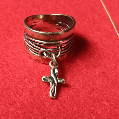 STERLING SILVER CROSS W/ TURQUOISE STONE ON A STERLING CHAIN PLUS A .925 RING WITH DANGLING CROSS MARKED "ISRAEL" SIZE SIX 13.14g