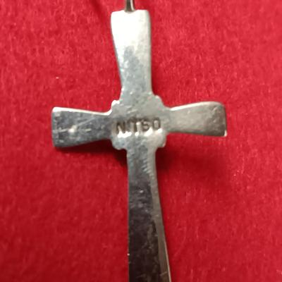 STERLING SILVER CROSS W/ TURQUOISE STONE ON A STERLING CHAIN PLUS A .925 RING WITH DANGLING CROSS MARKED "ISRAEL" SIZE SIX 13.14g