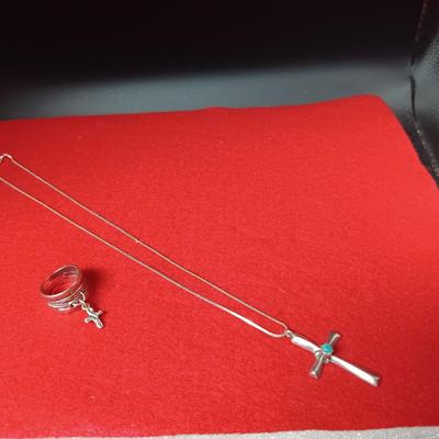 STERLING SILVER CROSS W/ TURQUOISE STONE ON A STERLING CHAIN PLUS A .925 RING WITH DANGLING CROSS MARKED "ISRAEL" SIZE SIX 13.14g