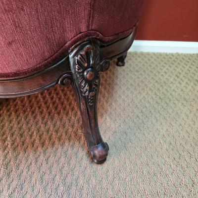 LOT 21F: Pair Of Louis XV Style Arm Chairs, Beautifully Carved Wood & Velvet Merlot Fabric, Manufactured By Key City, Inc. N. C. USA