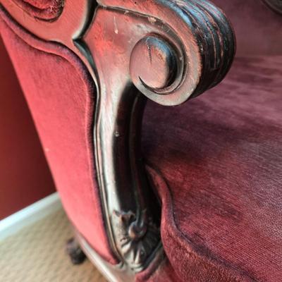 LOT 21F: Pair Of Louis XV Style Arm Chairs, Beautifully Carved Wood & Velvet Merlot Fabric, Manufactured By Key City, Inc. N. C. USA