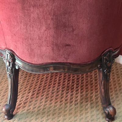 LOT 21F: Pair Of Louis XV Style Arm Chairs, Beautifully Carved Wood & Velvet Merlot Fabric, Manufactured By Key City, Inc. N. C. USA