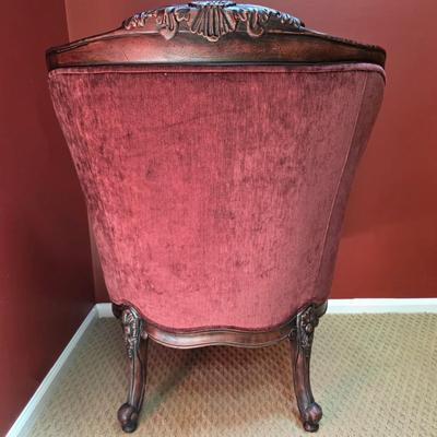 LOT 21F: Pair Of Louis XV Style Arm Chairs, Beautifully Carved Wood & Velvet Merlot Fabric, Manufactured By Key City, Inc. N. C. USA