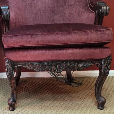 LOT 21F: Pair Of Louis XV Style Arm Chairs, Beautifully Carved Wood & Velvet Merlot Fabric, Manufactured By Key City, Inc. N. C. USA
