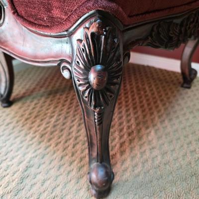 LOT 21F: Pair Of Louis XV Style Arm Chairs, Beautifully Carved Wood & Velvet Merlot Fabric, Manufactured By Key City, Inc. N. C. USA