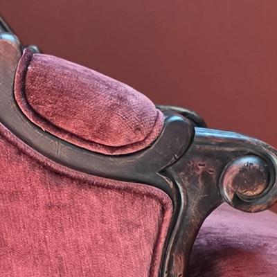 LOT 21F: Pair Of Louis XV Style Arm Chairs, Beautifully Carved Wood & Velvet Merlot Fabric, Manufactured By Key City, Inc. N. C. USA