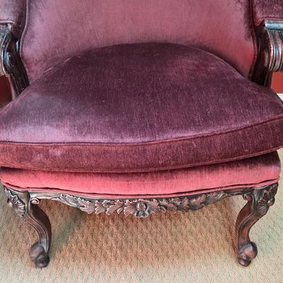 LOT 21F: Pair Of Louis XV Style Arm Chairs, Beautifully Carved Wood & Velvet Merlot Fabric, Manufactured By Key City, Inc. N. C. USA
