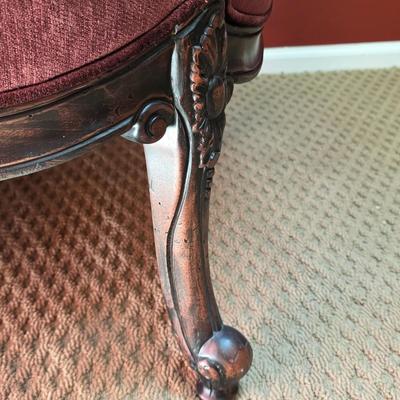 LOT 21F: Pair Of Louis XV Style Arm Chairs, Beautifully Carved Wood & Velvet Merlot Fabric, Manufactured By Key City, Inc. N. C. USA