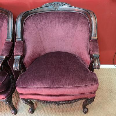 LOT 21F: Pair Of Louis XV Style Arm Chairs, Beautifully Carved Wood & Velvet Merlot Fabric, Manufactured By Key City, Inc. N. C. USA