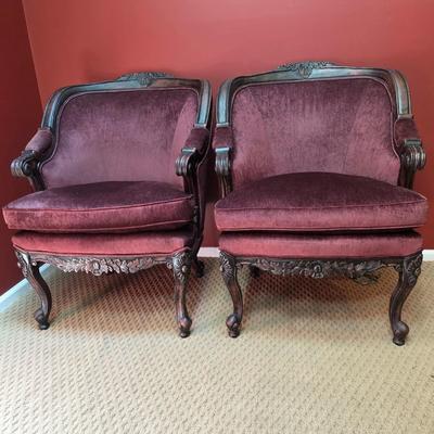 LOT 21F: Pair Of Louis XV Style Arm Chairs, Beautifully Carved Wood & Velvet Merlot Fabric, Manufactured By Key City, Inc. N. C. USA