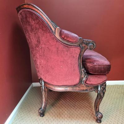 LOT 21F: Pair Of Louis XV Style Arm Chairs, Beautifully Carved Wood & Velvet Merlot Fabric, Manufactured By Key City, Inc. N. C. USA