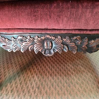 LOT 21F: Pair Of Louis XV Style Arm Chairs, Beautifully Carved Wood & Velvet Merlot Fabric, Manufactured By Key City, Inc. N. C. USA