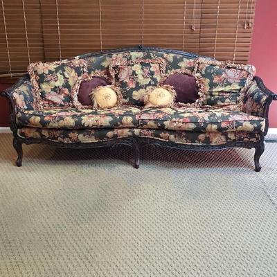 LOT 22F: Vintage Carved Wood & Black Floral Upholstered Sofa With Pillows & Throw Pillows
