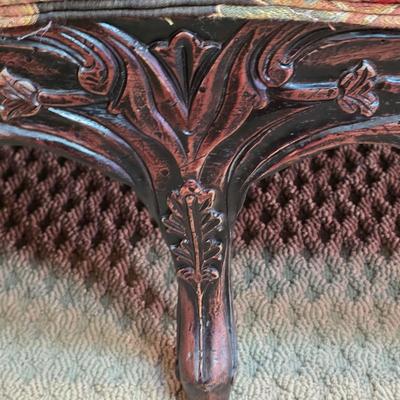 LOT 22F: Vintage Carved Wood & Black Floral Upholstered Sofa With Pillows & Throw Pillows