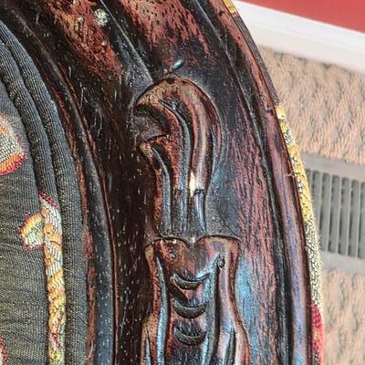 LOT 22F: Vintage Carved Wood & Black Floral Upholstered Sofa With Pillows & Throw Pillows