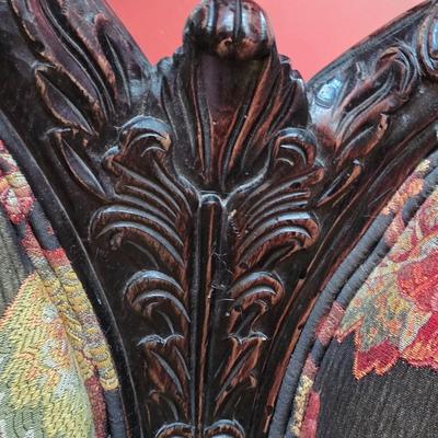 LOT 22F: Vintage Carved Wood & Black Floral Upholstered Sofa With Pillows & Throw Pillows