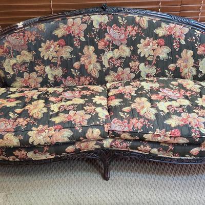 LOT 22F: Vintage Carved Wood & Black Floral Upholstered Sofa With Pillows & Throw Pillows