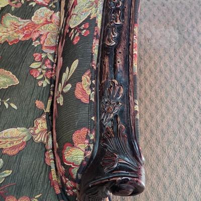 LOT 22F: Vintage Carved Wood & Black Floral Upholstered Sofa With Pillows & Throw Pillows