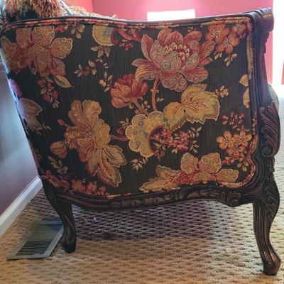 LOT 22F: Vintage Carved Wood & Black Floral Upholstered Sofa With Pillows & Throw Pillows