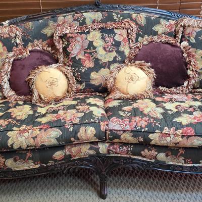 LOT 22F: Vintage Carved Wood & Black Floral Upholstered Sofa With Pillows & Throw Pillows