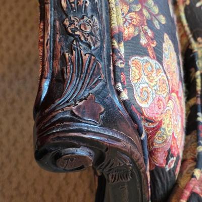 LOT 22F: Vintage Carved Wood & Black Floral Upholstered Sofa With Pillows & Throw Pillows