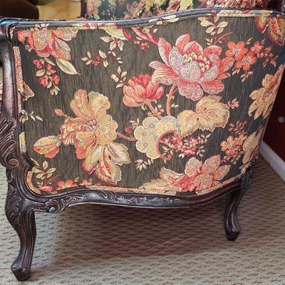 LOT 22F: Vintage Carved Wood & Black Floral Upholstered Sofa With Pillows & Throw Pillows