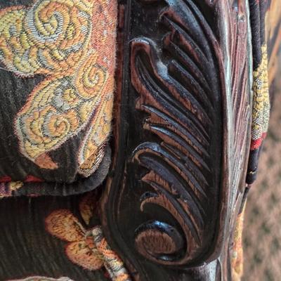 LOT 22F: Vintage Carved Wood & Black Floral Upholstered Sofa With Pillows & Throw Pillows